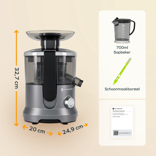 KitchenBrothers Entsafter - für Gemüse und Obst - Entsafter - mit Fruchtfleischbehälter - 500ml - 600W - Silber/Grau