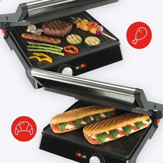 Bourgini Contact Grill Classic - Panini-Grill und Toast-Sandwich-Eisen - Antihaftbeschichtung - Schwimmdeckel - Grillgerät - Kontaktgrill - Edelstahl - BPA frei