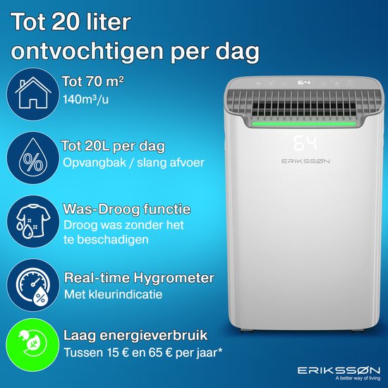 Erikssøn Luftentfeuchter Dry Pro Plus - Entfeuchtet bis zu 20 Liter pro Tag - Waschtrockenfunktion - Geeignet für Haus, Schlafzimmer, Badezimmer, Wohnzimmer und Keller - Luftentfeuchter - Weiß