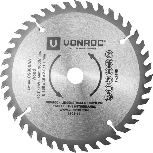 VONROC Kreissägeblatt - Ø150MM - 40 Zähne - geeignet für Holz - universal