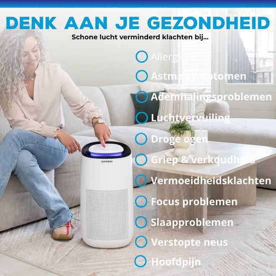 Sofresh Luftreiniger mit App - 80 m² - Automatikmodus + 6-in-1 Filtersystem - Luftqualitätsanzeige - Ionisator - UV - Luftfilter - Luftreiniger mit HEPA-Filter