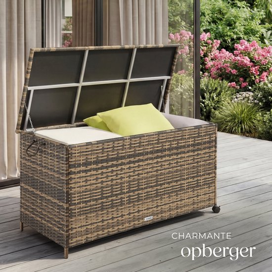 tectake® Wicker Aufbewahrungsbox – 253 l – Kissenbox für den Außenbereich – Gartenbox – 116 x 54 x 64 cm - Wetterfest und mit Deckel verschließbar – Rollbar – Inklusive 2 Griffen, 2 Rädern mit Bremse und Gasfedern – Gartenkiste – Beige