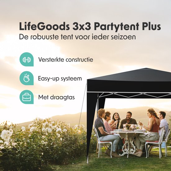 LifeGoods Party Tent Plus - Faltzelt - 3x3 m - Easy Up - Verstärkter Rahmen - Wasserdicht - Tragetasche - Schwarz