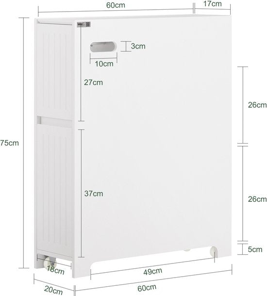 SoBuy Niedriger Schrank, Stehender schmaler Aufbewahrungsschrank, Schmaler Badezimmerschrank, Toilettenschrank - Weiß, 60x20x75cm, BZR111-W