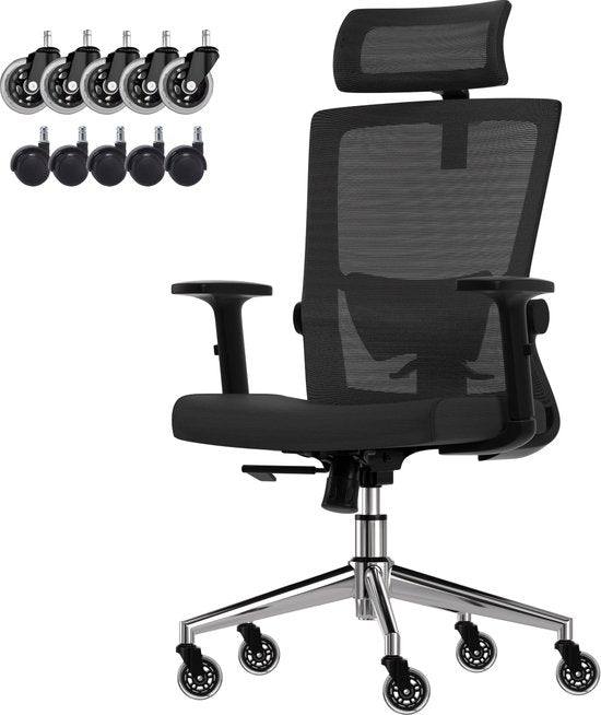 LifeGoods Ergonomischer Bürostuhl - mit extra Anti-Kratz-Rädern - Bürostuhl - NEN und SGS zertifiziert - Erwachsene - Kopfstütze - Schwarz/Chrom