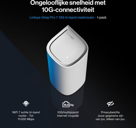 Linksys Velop Pro 7 10G - Mesh WiFi - Tri-Band - WiFi 7 Router - 11000 Mbps - 1-Pack - Weiß