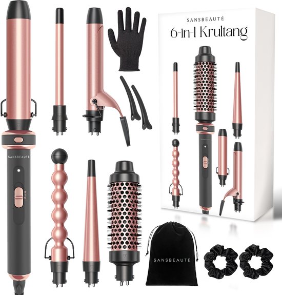 Sansbeauté® 6 in 1 Lockenstab mit Klemme - Keramisch - 13mm bis 38mm - Thermobürste - Lockenbürste - rosa