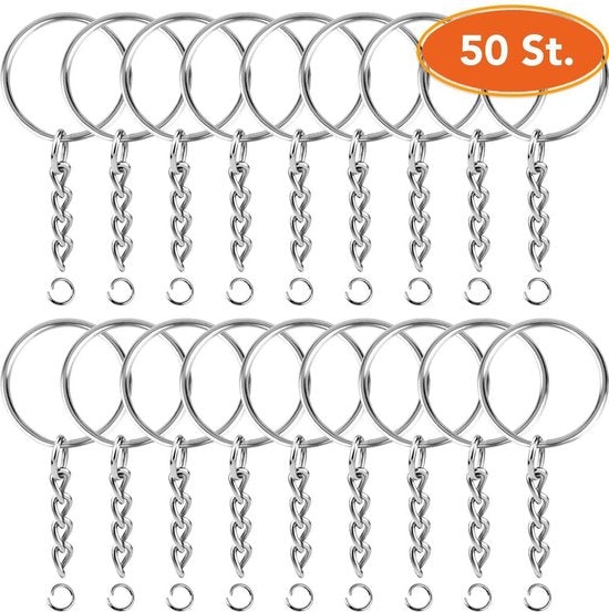 Schlüsselringe mit Kette - 50 Edelstahl-Schlüsselring-Split-Ringe - Schlüsselanhänger-Split-Ringe-Set - 25 mm - 50 Stück