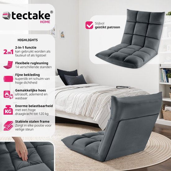 tectake Relaxsessel - Relaxsessel - XXL-Bodensessel - Klappbar mit Liegefunktion - Bodensessel mit verstellbarer Rückenlehne - Verwendbar als Sessel, Sitzkissen, Bodenkissen, Liege oder zur Meditation - Grau