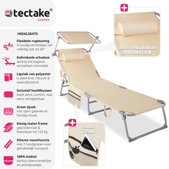 tectake - Sonnenliege Sonnenliege - 4 Positionen, klappbar - beige - 68 x 190 x 28 cm, mit Seitentasche