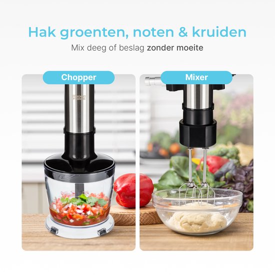 Goodforce 7-teiliges Stabmixer-Set - Inklusive Zerkleinerer, Schneebesen, Milchaufschäumer, Quirl & Messbecher - leistungsstark & spülmaschinenfest - 12 Geschwindigkeiten + Turbofunktion - 1000W - PFAS-frei