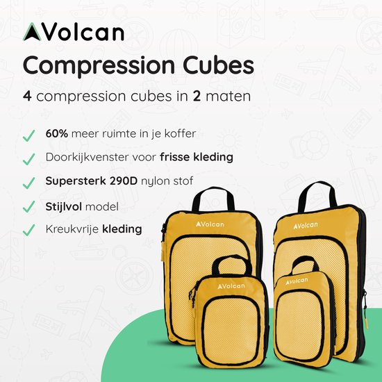 Volcan Compression Packing Cubes - Kofferorganisationsset - Mit Kompressionsreißverschlüssen - Rucksack & Koffer - 4er Set - Ocker
