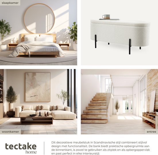 tectake Bank mit Stauraum - Sitzkasten mit Stauraum gepolstert - Sitzkasten mit Stauraum, gepolstert - Bouclé-Stoff im Scandi-Stil - 97x36x42cm - cremeweiß