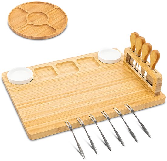 Kicinn Trinkbrett - Tapasbrett - Käsebrett - Servierbrett - Trinkbrett Holz - Inkl. Käsemesser, Gabeln, Schalen und extra Servierbrett - Bambus