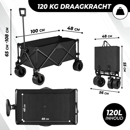 Outbee Bolderkar - Faltbarer Bolderkar - 120Liter Fassungsvermögen - mit Radschloss - 120kg Tragkraft - Schwarz