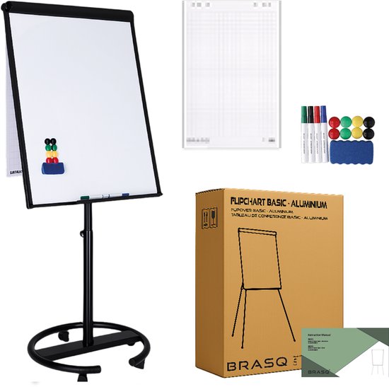BRASQ Flipchart Mobile Deluxe -70x100 cm - Verstellbares Whiteboard - Inklusive 25 Blatt Papier und Zubehör - mit ausziehbaren Armen - Magnettafel mit Haken - Magnettafel - Schwarz
