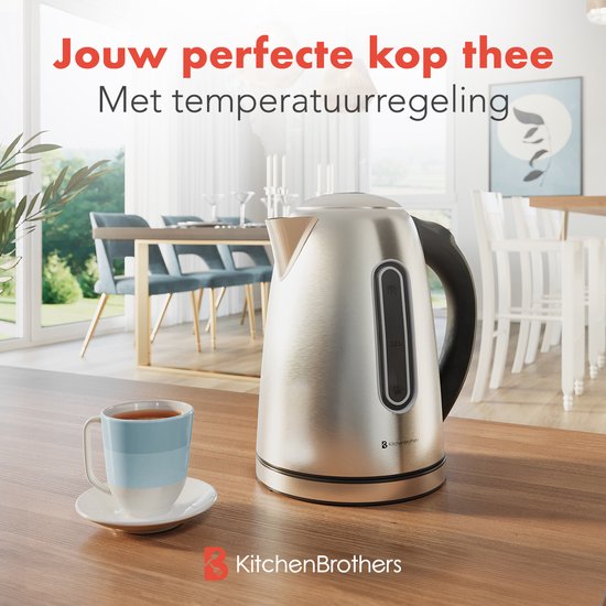 KitchenBrothers - Wasserkocher - Mit Temperaturregelung - Elektrisch - Mit Kalkfilter - 1,7L - Edelstahl