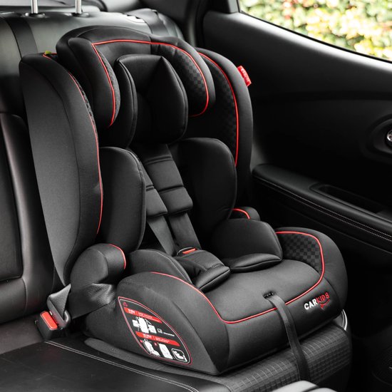 Carkids I-Size-Kindersitz Luca – Entspricht der Norm I-Size R-129 – Für Kinder von 76 bis 150 cm – Verstellbare Kopfstütze – Schwarz/Rot