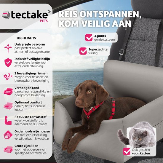 Tectake Hundeautositz Milow - Mit Sicherheitsleine - Fürs Auto - Hundekorb - Bequem und sicher - 55x50x29cm - Grau
