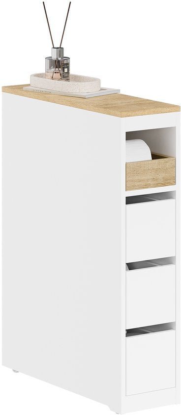 SoBuy Toilettenschrank 20 cm, Badezimmerschrank mit 3 Schubladen, kleiner Toilettenpapierschrank, mobiles Regal für Bad, WC und Küche, weiß, 60 x 20 x 82,3 cm