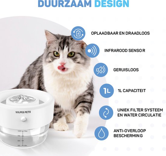 Vulpes Goods Pets - Trinkbrunnen für Katze & Hund PRO - Kabellos - Wiederaufladbar - Tragbar - Anti-Spill - weiß