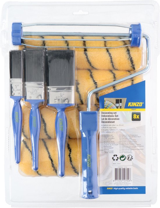 Kinzo 8-teiliges Farbrollenset - 1 Halterung - 4 Rollen - 3 Pinsel