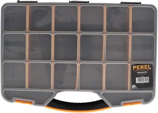 Perel-Sortimentsbox, max. 20 Fächer, 16 Trennwände, transparenter Deckel, stapelbar, 326 x 257 x 48 mm, gelb/schwarz