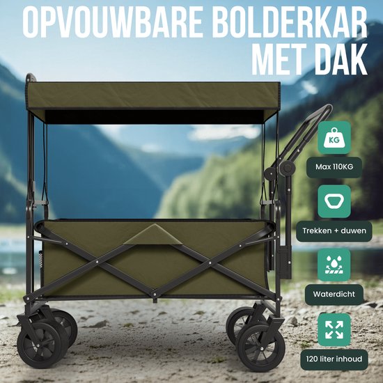 Avalo Bolderkar mit Dach XL faltbar - bis zu 110KG Tragfähigkeit - 120L - 97x60x105 CM - 360º Räder - Bolderwagen / Bolderwagen / Strandwagen / Trekkingwagen / faltbarer Bolderkar - Für Strand - Grün