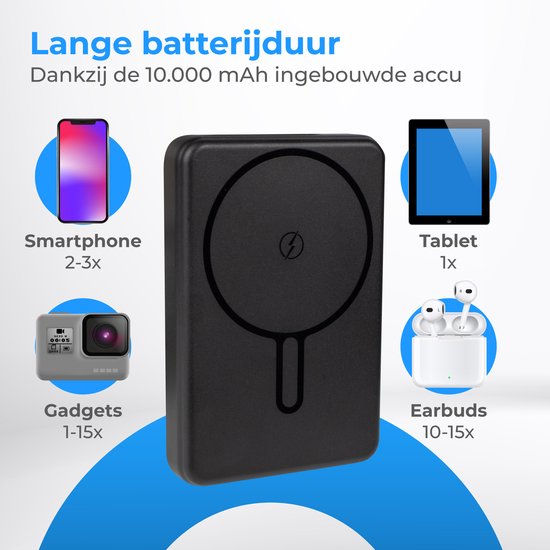 Nuvance Powerbank 10000 mAh - Geeignet für MagSafe - 15W Schnellladegerät - Wireless Powerbank - Usb-A 22.5W & Usb-C 20W - Schwarz