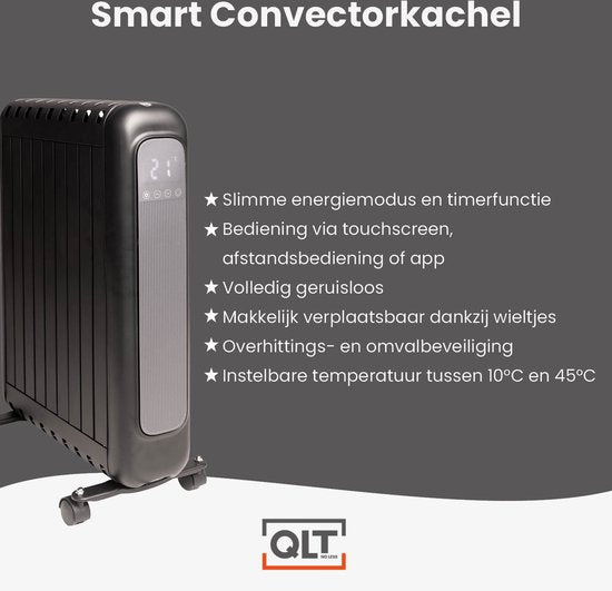 QLT Elektroheizung mit App-Steuerung, Thermostat und Timer - Konvektorheizung - Ölfreier Heizkörper mit Rädern und Wandoption - Bis zu 20m² - Schwarz