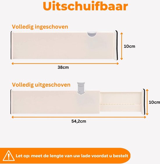 Posity Schubladenteiler - Verstellbar & ausziehbar - 4 Stück - Schubladenorganisation - 38-54 cm - Für Küche, Schlafzimmer & Kleidung - Kunststoff - Weiß