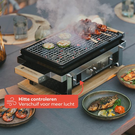 KitchenBrothers Kamado Hibachi Grill - PFAS frei - mit Grillrost und Stöcken - Holzkohlegrill - Shichirin Tischgrill - Rechteckiger BBQ - Keramikgrill - Schwarz