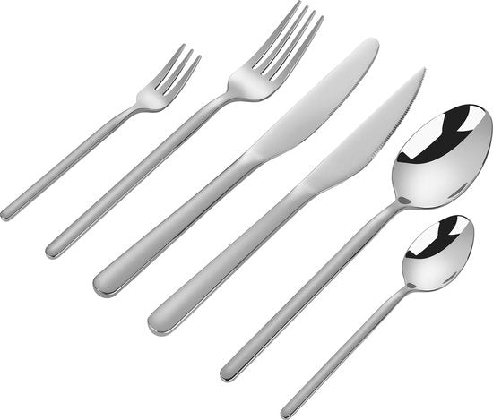 Deleca 6 Personen Luxus-Edelstahl-Besteck-Set Amor (36 Teile) - Löffel, Messer, Gabeln, Steakmesser & Kuchengabeln - spülmaschinenfest - Silbernes Design-Besteck - 18/0 Edelstahl