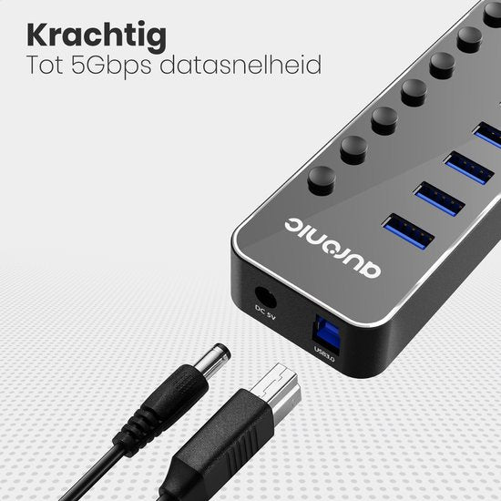 Auronic USB Hub 3.0 - USB Splitter mit 7 Ports - mit Netzteil - 5 GBPs - Led-Anzeige - Schwarz