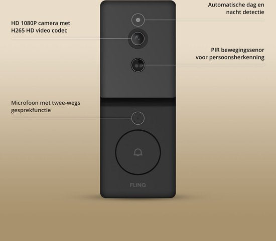 FlinQ Smart Doorbell - Türklingel drahtlos - Türklingel mit Kamera - inkl. Gong - 1080P HD - Schwarz