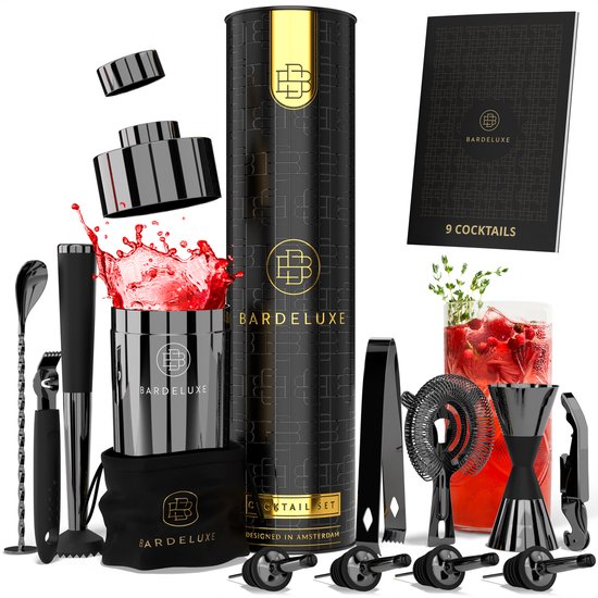 BarDeluxe® Cocktail Set - 12-teilig - Cocktail Shaker 750 ml - Edelstahl - Inklusive luxuriöser Geschenkbox - Aufbewahrungstasche & Rezeptbuch - Schwarz