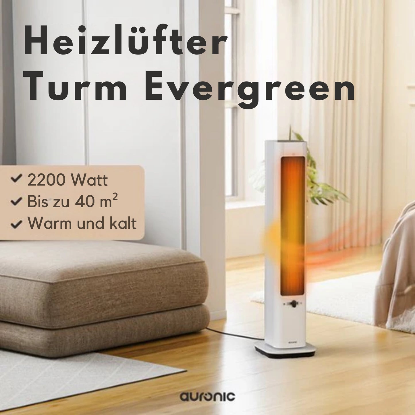 Auronic Turmheizlüfter - Keramik-Heizlüfter - Touchscreen & Fernbedienung - 2200W Heizleistung - Weiß