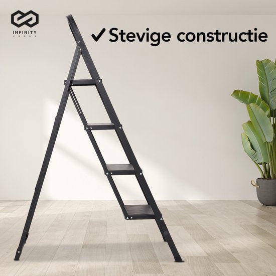 Infinity Goods Stabile Haushaltsleiter 4 Stufen - Küchentreppe zusammenklappbar - Antirutsch - Treppenleiter - faltbar - Metall - Schwarz