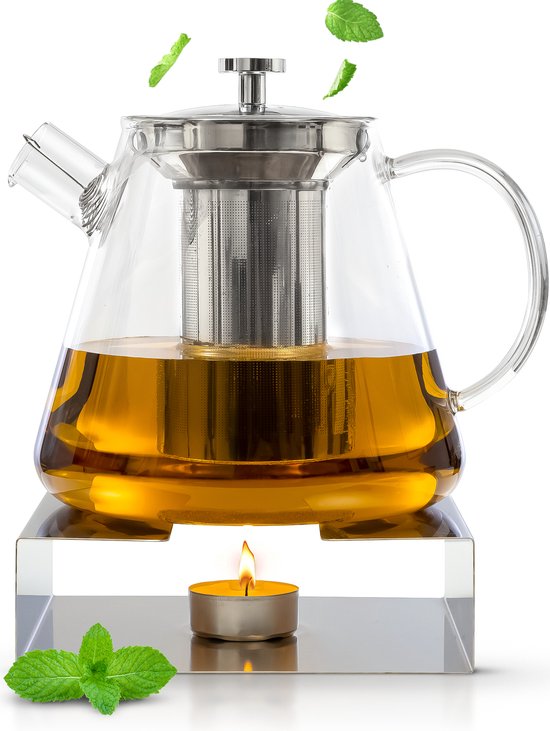 Deleca Glas-Teekannen-Set Klarheit - Mit Edelstahlfilter und Teelichtwärmer - Für losen Tee / Teeblumen - Weihnachtsgeschenk - Borosilikatglas / 1,5L