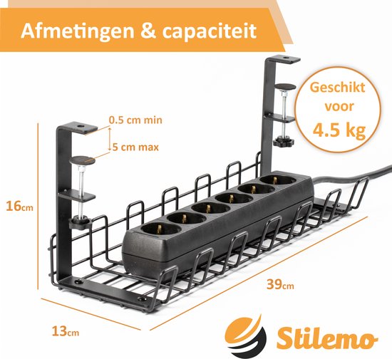 Stilemo Cable Tray Desk - Kabelhalter 38 CM - Kabelorganisator 10 KG Tragfähigkeit - Schwarz