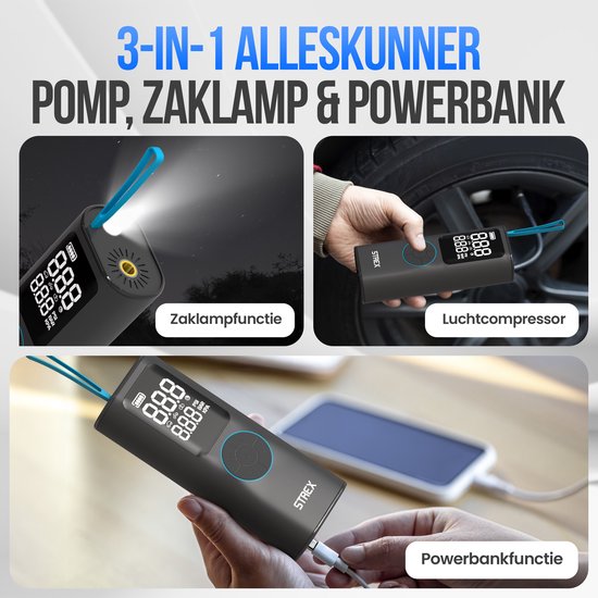 Strex Elektrische Reifenpumpe - Kabelloser Mini-Kompressor 3-in-1 - Auto, Fahrrad, Roller, Ball & Luftmatratze - bis zu 10,5 bar / 150 PSI - 30L/min - 8000 mAh Powerbank & Taschenlampe