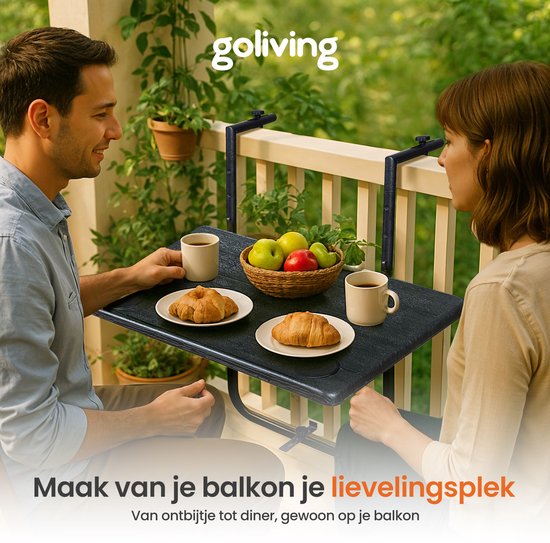 Goliving Balkontisch - klappbar - hängend - 60 x 40 cm - in 3 Höhen verstellbar - wetterfest - 2 Becherhalter - Schwarz