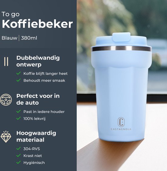 Castagnola Thermos Cup - Kaffeebecher To Go - Reisebecher für Kaffee und Tee - Teebecher - 380 ML - Edelstahl - Hellblau - Octagon