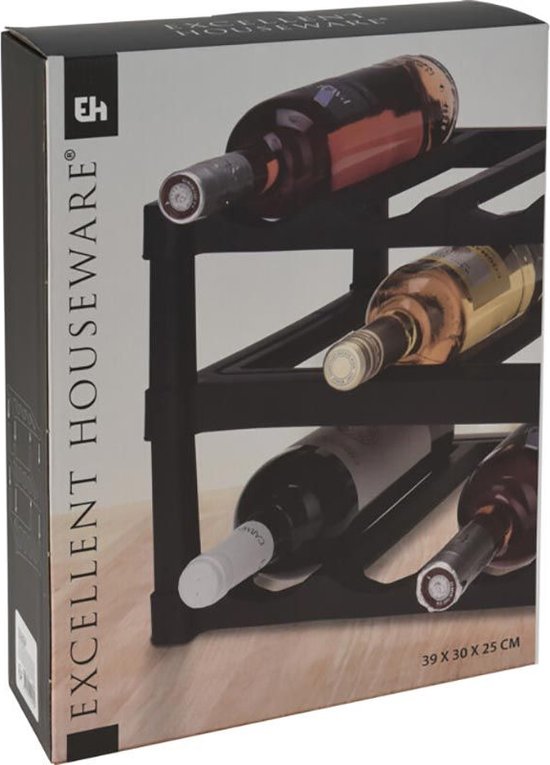 Excellent Houseware Weinregal/Flaschenregal - Schwarz - Kunststoff - 39 x 30 x 25 cm - für 12x Flaschen