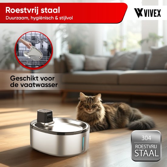 Vivex® Kabelloser Trinkbrunnen - Edelstahl - 4,5 Liter - Trinkbrunnen für Katzen und Hunde - Mit Sensor und Batterie - Inkl. 6 Filtern und Reinigung - Flüsterleise