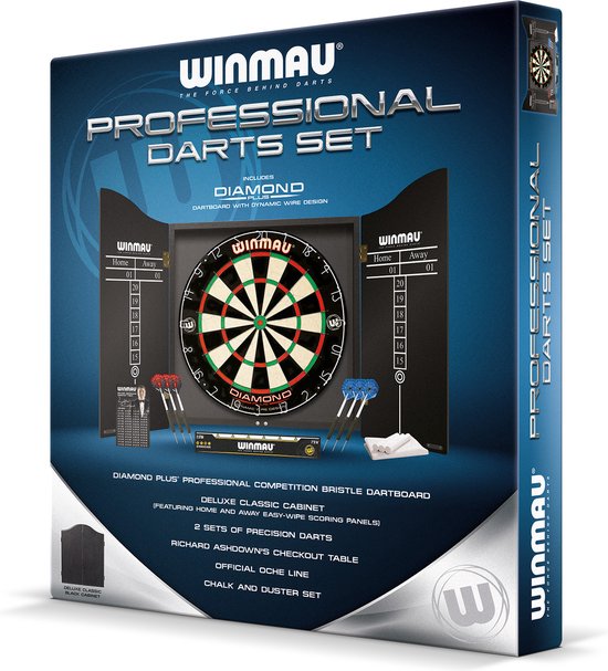 WINMAU - Professionelles Dart-Set mit Diamond Plus Bristle Dartscheibe, schwarzes Gehäuse, mit 2 Dart-Sets und offizieller Oche-Linie
