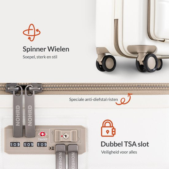 Nohrd Handgepäck Koffer 35 L - Spinner Räder - Trolley Leichtgewicht - Doppeltes TSA Schloss - Reisekoffer - praktische Fronttasche - Elfenbein