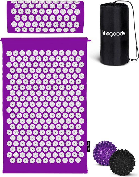 LifeGoods Akupressurmatte mit Kissen - Shakti Matte - Nagelmatte inkl. 2x Triggerpunkt Ball - 66x40x2cm - Lila/Weiß