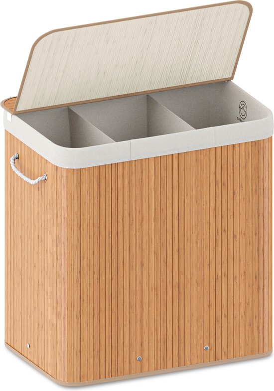 Organess Wäschekorb 3 Fächer - Wäschesortierer - Wäschekorb mit Deckel - faltbar - 150L - Bambus