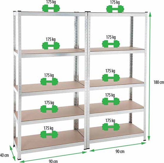 2x Profeco Heavy Duty Lagerregal 180x90 cm - Edelstahlregal - 10 Fachböden - Kapazität 175 kg pro Fachboden - Lagerschrank Garage & Schuppen